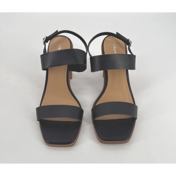 Lisa Vicky Oasis Sandals Black Leather Open Toe With Chunky Wooden Heel 9 New - Picture 2 of 11